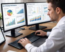 Professional marketer analyzing campaign performance metrics, charts, and graphs on multiple computer screens in a modern office
