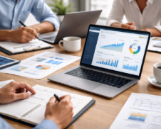 Three professionals in a modern office discussing digital strategy with charts and laptop, focused on planning and brainstorming.