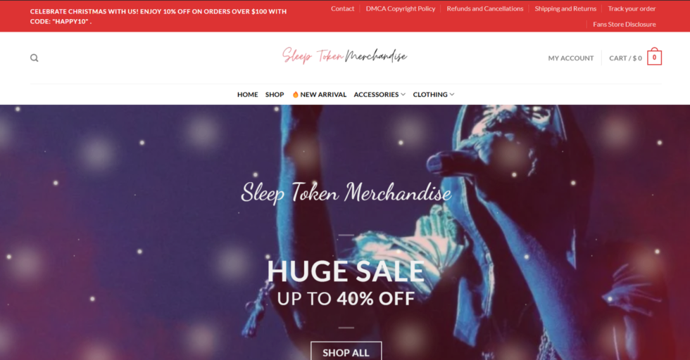 "Sleep Token Merchandise | Official Music Merchandise & Apparel" "Sleep Token Merchandise online store homepage showing music-themed clothing and accessories with huge sale banner."
