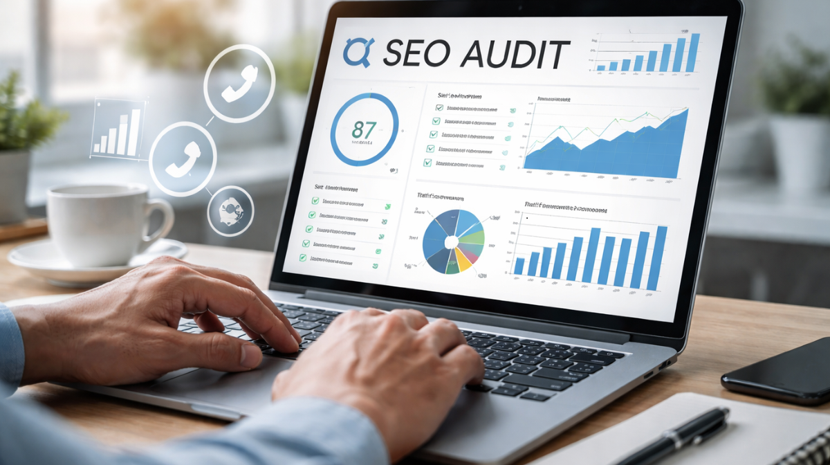 Seo Audit Services – Analyze & Optimize Your Website Performance Ultra-realistic image of a laptop showing an SEO audit dashboard with charts, graphs, and analytics, highlighting website performance, keyword rankings, and traffic insights for professional SEO audit services.