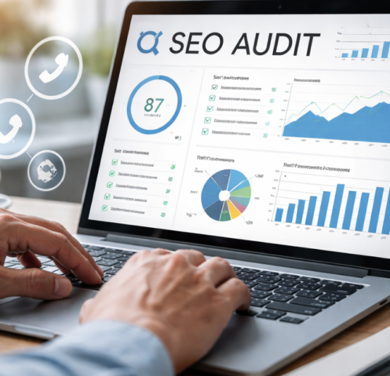 Seo Audit Services – Analyze & Optimize Your Website Performance Ultra-realistic image of a laptop showing an SEO audit dashboard with charts, graphs, and analytics, highlighting website performance, keyword rankings, and traffic insights for professional SEO audit services.