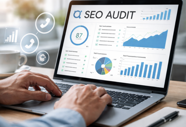 Ultra-realistic image of a laptop showing an SEO audit dashboard with charts, graphs, and analytics, highlighting website performance, keyword rankings, and traffic insights for professional SEO audit services.