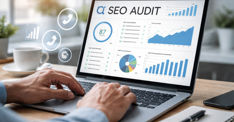 Ultra-realistic image of a laptop showing an SEO audit dashboard with charts, graphs, and analytics, highlighting website performance, keyword rankings, and traffic insights for professional SEO audit services.